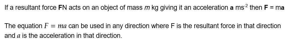 If a resultant force FN acts on an object of mass m kg giving it an acceleration a  then F = ma

The equation F=ma can be used in any direction where F is the resultant force in that direction and a is the acceleration in that direction.