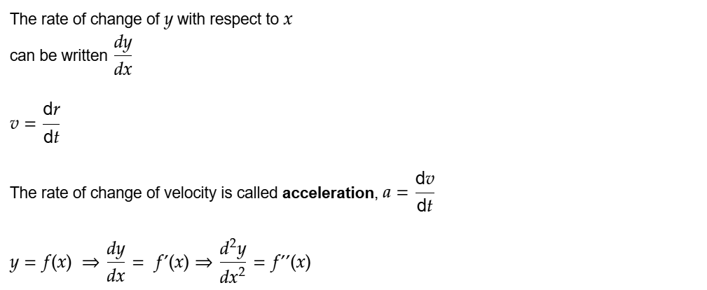 The rate of change of \math-container{y} with respect to \math-container{x}
can be written \math-container{\frac{dy|dx}}

\math-container{v=\frac{dr|dt}}

The rate of change of velocity is called acceleration, \math-container{a=\frac{dv|dt}}

\math-container{y=f(x) ⇒\frac{dy|dx}= f'(x)⇒\frac{d\power{2}y|dx\power{2}}=f''(x)}