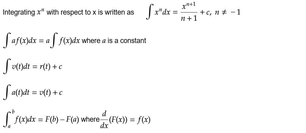 Integrating \math-container{x\power{n}} with respect to x is written as      \math-container{\int{}x\power{n}dx=\frac{x\power{n+1}|n+1}+c, n≠-1}

\math-container{\int{}af(x)dx=a\int{}f(x)dx }where \math-container{a} is a constant

\math-container{\int{}v(t)dt=r(t)+c}

\math-container{\int{}a(t)dt=v(t)+c}

\math-container{\int{b|a}f(x)dx=F(b)-F(a)} where\math-container{\frac{d|dx}(F(x))=f(x)}